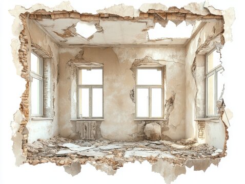 Decaying Room Interior Beige Walls, Broken Windows, and Debris