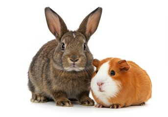 Obraz premium Rabbit and guinea pig on white background looking at camera