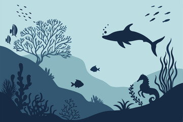 Obraz premium 44 Underwater seascape, deep blue ocean, silhouettes of marine life, coral reefs, seaweed forests, schools of fish, sharks, seahorses, layered composition, monochromatic blue palette, atmospheric pers