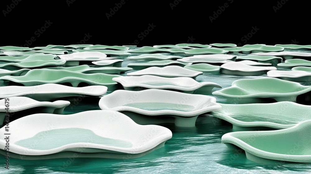 Poster abstract composition of green and white shapes floating on calm water surface creating serene and tr