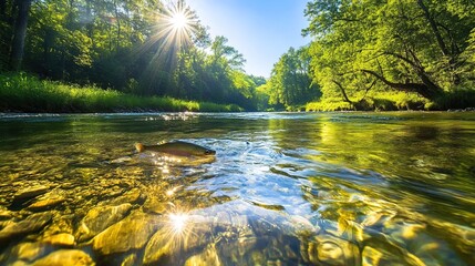 Obraz premium Fish swimming in clear forest stream with sunlight through trees.