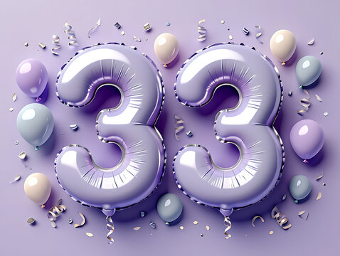 Celebrating 33rd Birthday with Lilac Balloons and Confetti