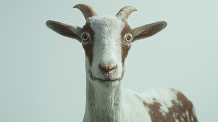 Obraz premium A close-up of a white goat with expressive eyes and large ears against a soft gray background, showcasing its gentle and curious nature.