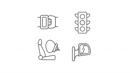 Road safety equipment line animation set. Devices providing safe car driving animated icons. Usage of protecting items. Outline elements on white background. HD video with alpha channel