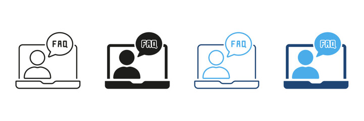 Laptop With Faq Speech Bubble Icon Set. Online Support, Customer Service, And Information Assistance Outline And Silhouette Symbol Collection. Digital Help And Guidance. Isolated Vector Illustration