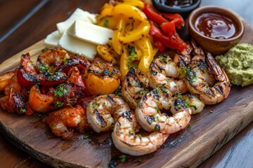 Grilled shrimp and vegetables with cheese and sauces on wooden board