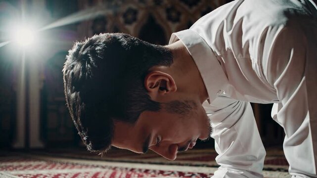 Man in prayerful prostration position in serene mosque setting with soft lighting.