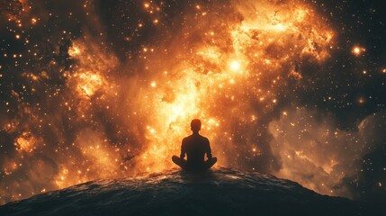 A solitary figure sitting on the edge of a floating cosmic platform, gazing at a massive, glowing star cluster 