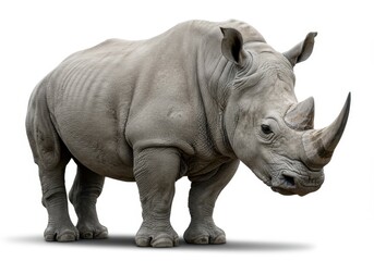 Obraz premium Standing rhinoceros with large horn isolated on white background, full view