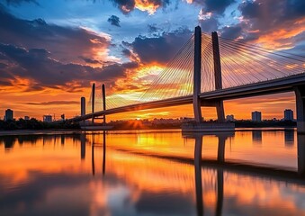 Obraz premium Cable-stayed bridge over river at sunset with colorful clouds and city skyline.