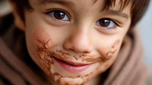 A cheerful child grins with a delightful chocolate smudge on their face, capturing the carefree spirit of childhood and the joy of sweet treats amidst innocent playfulness.