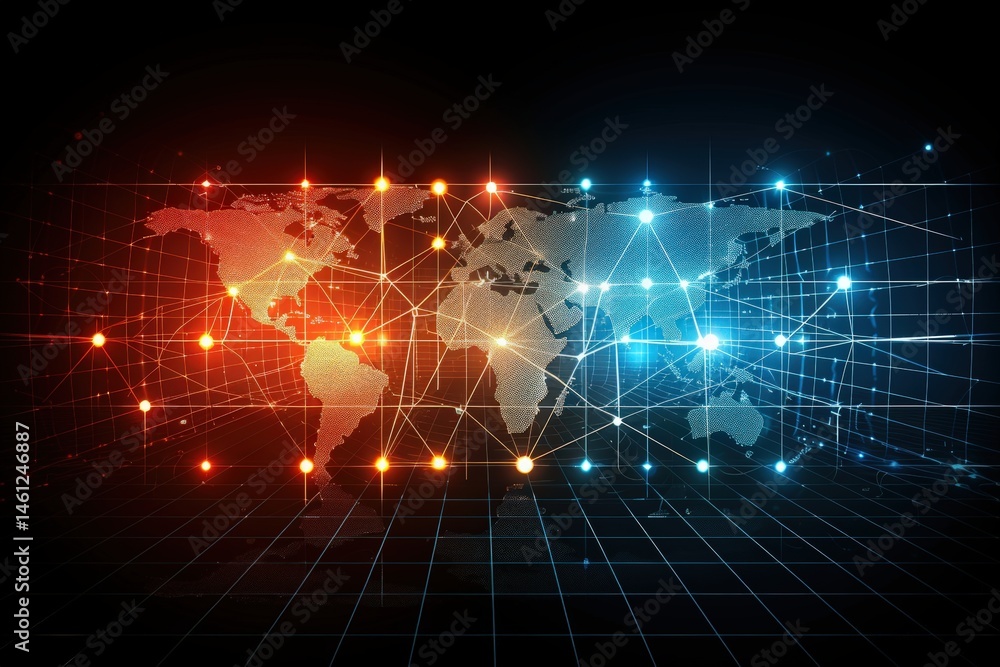 Poster digital world map with network connections in a futuristic style.