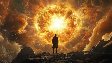 Fototapeta premium A solitary figure gazing at a bright supernova explosion in the distant cosmic horizon 