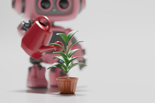 3D rendering of a robot watering a potted plant indoors