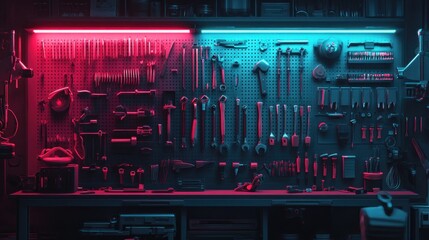 Organized Garage Tools Lit in Neon