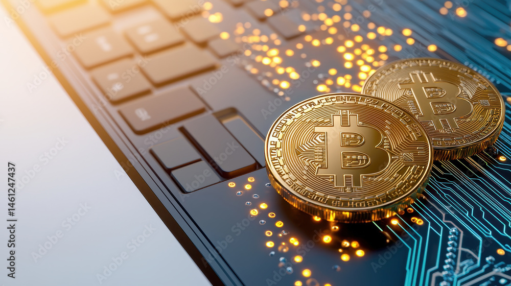 Poster digital currency coins on keyboard, symbolizing cryptocurrency and technology. image conveys innovat