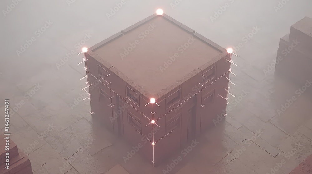 Poster detailed view of a mystical stone structure surrounded by fog in a digital landscape environment