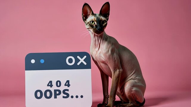 Sphynx cat posing playfully with a humorous error message sign  