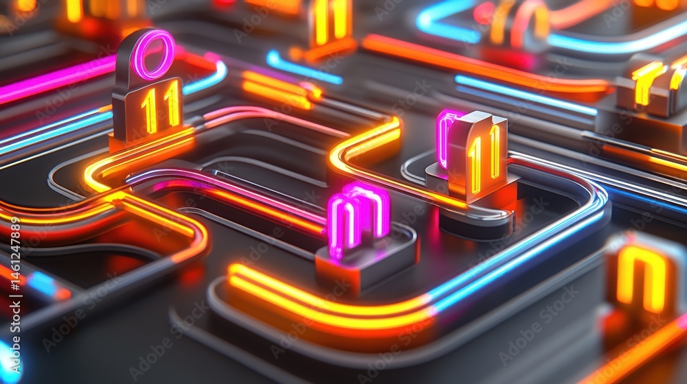 Poster vibrant neon lines with numbers on a digital circuit board for futuristic design and technology conc