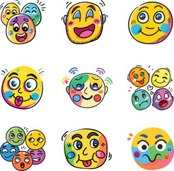 Multicolor Emoji Faces. Hand-Drawn Funny Expression Icons for Emotions and Mood