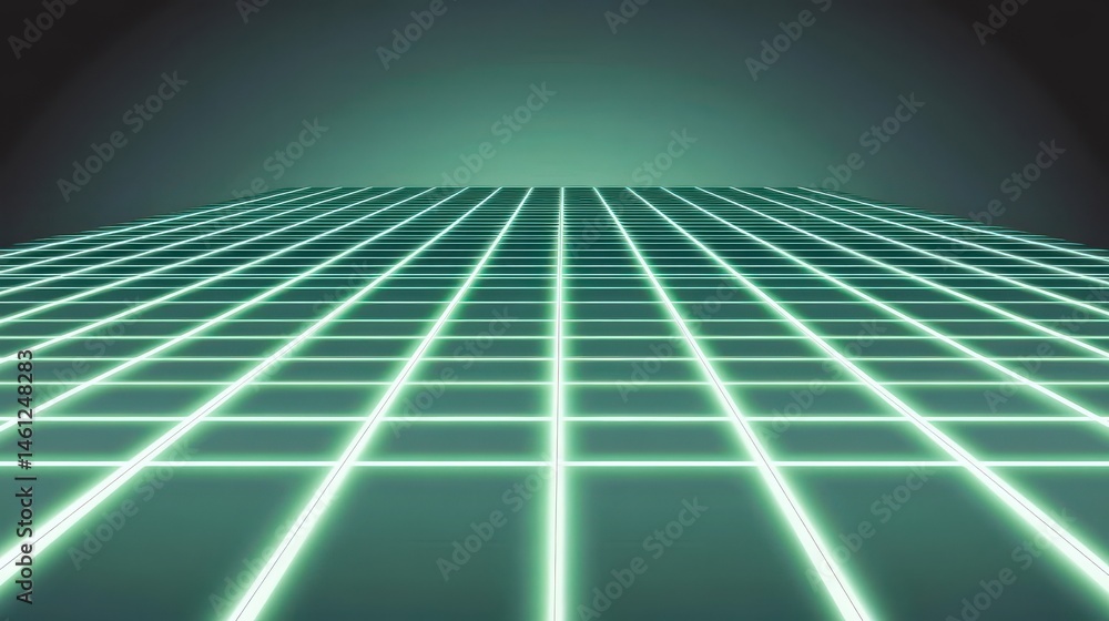 Poster futuristic neon grid landscape with green glow and perspective lines in a dark background setting