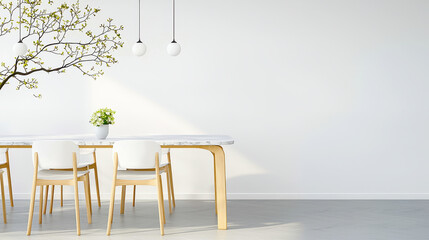 Modern dining area featuring minimalist design with wooden table, white chairs, and decorative plant. space is bright and inviting