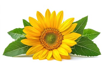 Naklejka premium A yellow sunflower with green leaves, set against a white background, creating a natural and vibrant atmosphere.