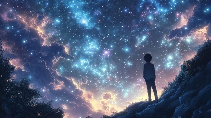 Fototapeta premium A single man gazing at the cosmic horizon, where distant stars meet glowing nebulae