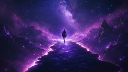 A single figure walking across a glowing cosmic bridge, with the Milky Way stretching infinitely above 