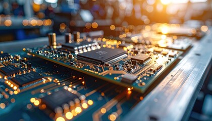 Close-up of Circuit Board with Chips and Electronic Components