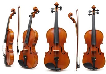 Fototapeta premium Violin with bow isolated against white background in multiple angles