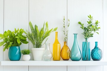Colorful vases and lush greenery on white wooden shelf
