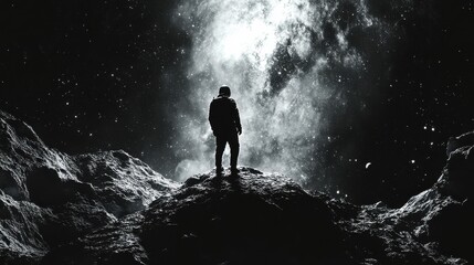 Obraz premium A single figure illuminated by the light of a dying star, standing on a lone asteroid in the vastness of space 