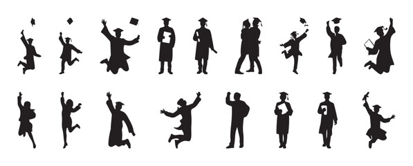 Set of university student and graduate silhouettes celebrating with caps, diplomas, and joyful poses on white background 