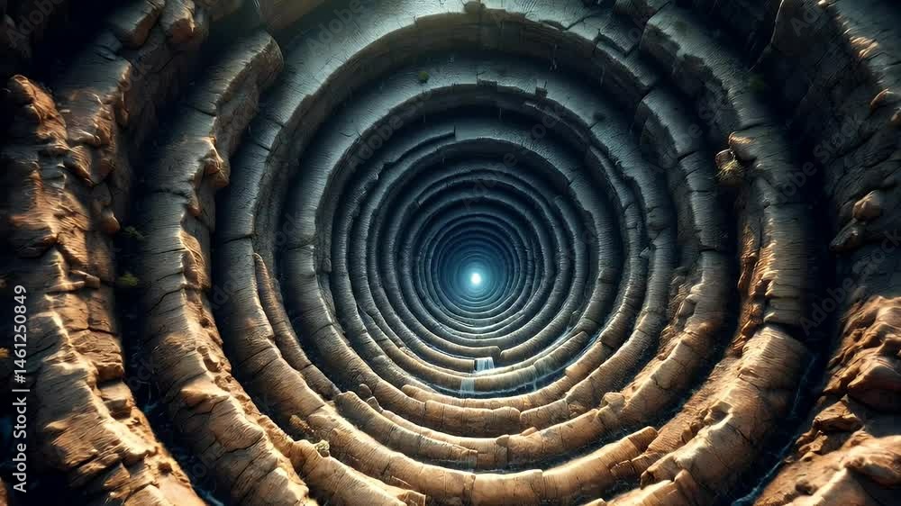 Poster abstract view of a deep circular cave with illuminated center, showcasing natural rock formations an