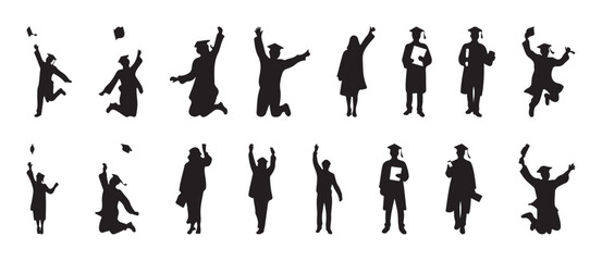 Set of university student and graduate silhouettes celebrating with caps, diplomas, and joyful poses on white background 