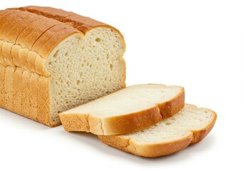 A loaf of sliced bread with two slices laying in front of it isolated on white background