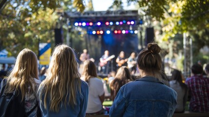 A group of people are sitting in a park and watching a band perform. The atmosphere is lively