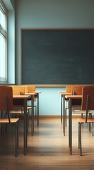 A classroom with a blackboard and wooden desks. The room is empty and the chairs are neatly arranged