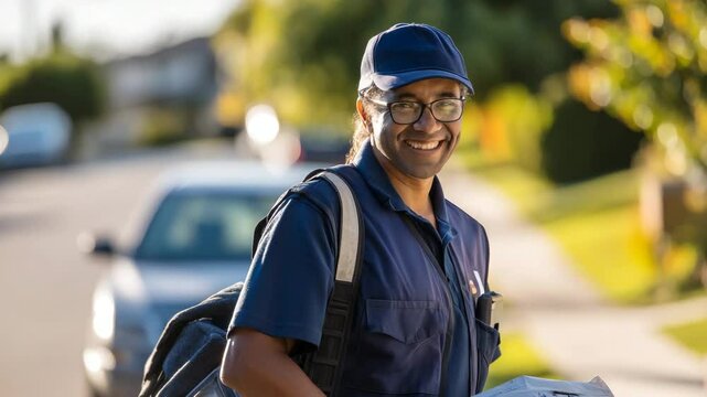 A cheerful delivery person smiles warmly while carrying a bag of packages, bringing joy and convenience to the community as they fulfill their important role.