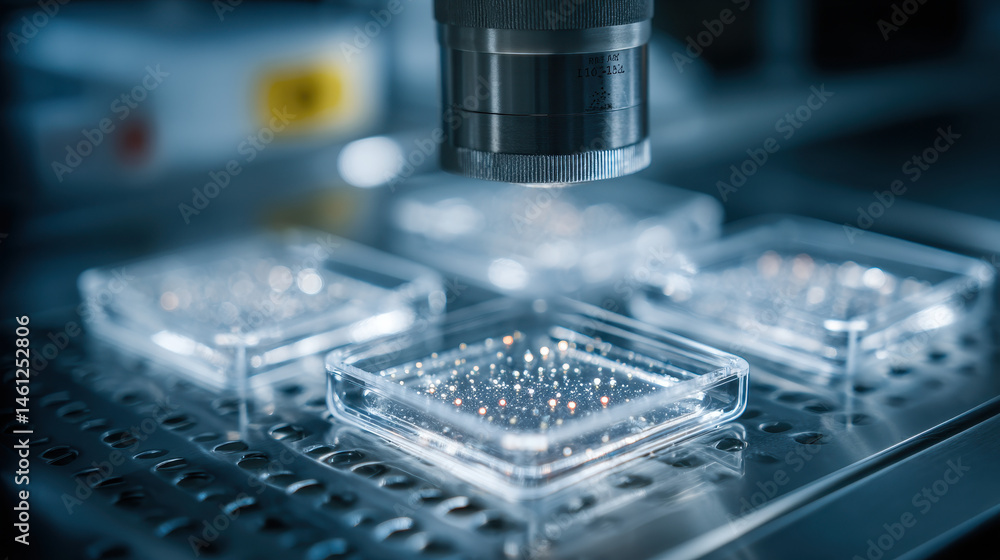 Poster bioprinted tissue samples displayed on sterile surface in biotechnology laboratory setting
