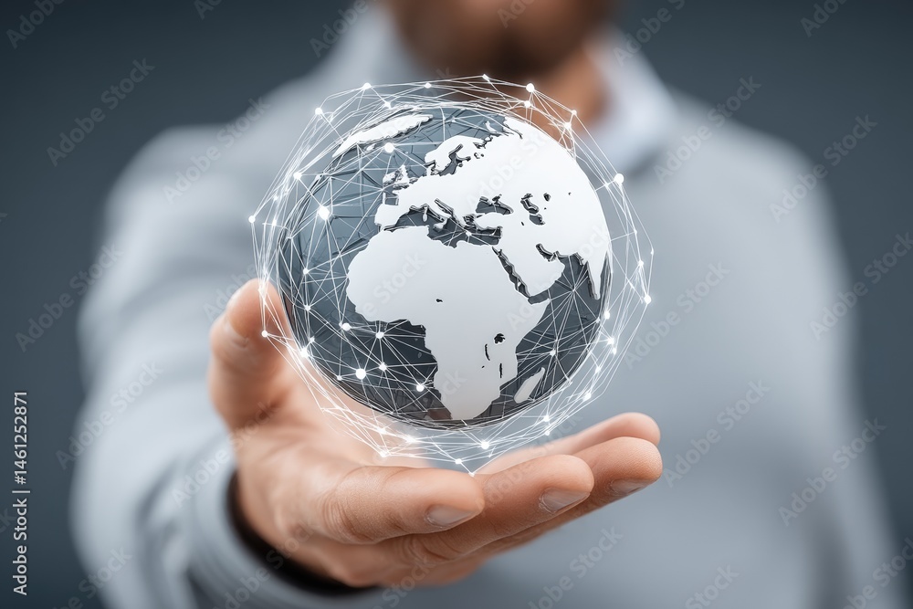 Poster holding a 3d globe with interconnected lines representing connectivity.
