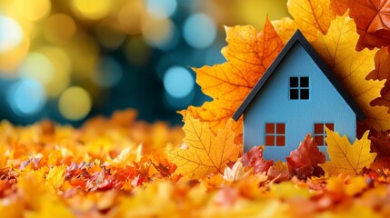 Small home surrounded by autumn leaves