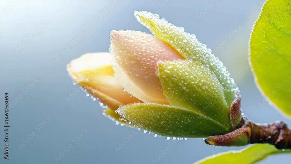 Poster sparkling droplets of dew cling to a delicate flower bud, capturing the essence of springtime's rene