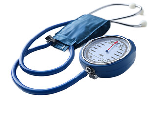 Blood pressure monitor with cuff on transparent background, sharp focus, high quality medical device for pharmaceutical advertising and medical supplies