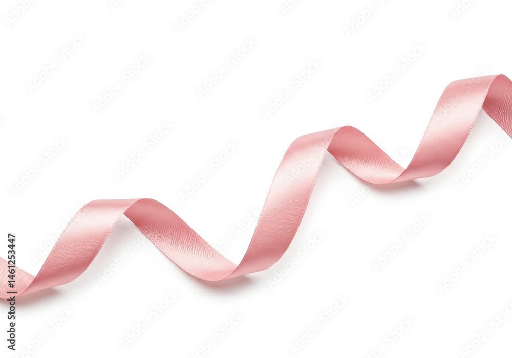 Poster pink ribbon curling on a white surface, creating a soft and elegant design