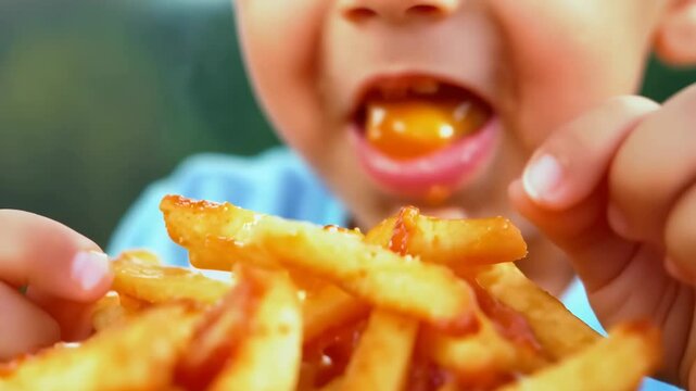 Little boy crunches golden sticks, fries boy cheeks dimple with delight, fries boy grabs another salty bite, fries boy radiates pure joy. Concept of simple happiness.