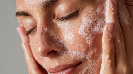 A woman applies a foaming cleanser to her face while standing in a bright bathroom, showcasing her skincare routine and the importance of facial cleansing