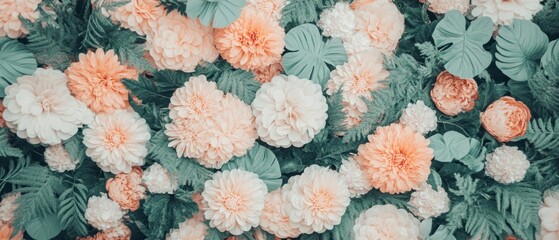 Vibrant peach and white flowers blend beautifully with rich green leaves, creating a stunning floral backdrop perfect for spring celebrations or garden themes