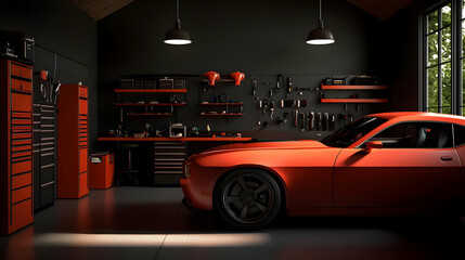 Modern Red Sports Car In Dark Garage